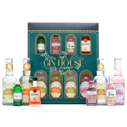 Flavoured Gin Gift Set - 4x 5 cl Gordons Pink, Edinburgh Rhubarb and Ginger, Tanqueray, Dockyard Orange, 4x 200 ml Fentimans Tonic Cocktail Mixers - Gin Gifts for Women, Men, Valentines Day