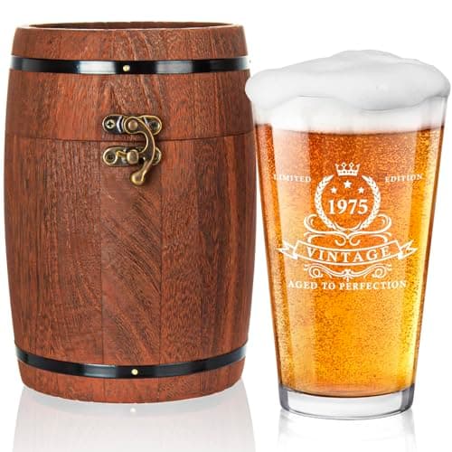 LIGHTEN LIFE 50th Birthday Gifts for Men 450ml,1975 Beer Glass in Barrel Box,50th Birthday Glass Gift Ideas for 50 Years Old Dad,Husband,50th Beer Glass Gift