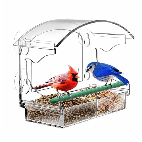 Window Bird Feeders with 4 Strong Suction Cups and Detachable Seed Tray for Small Birds only, BPYOT Acrylic Clear Bird Feeders are Unique Gardening Gifts for Elderly Grandpa/Grandma/Grandparents