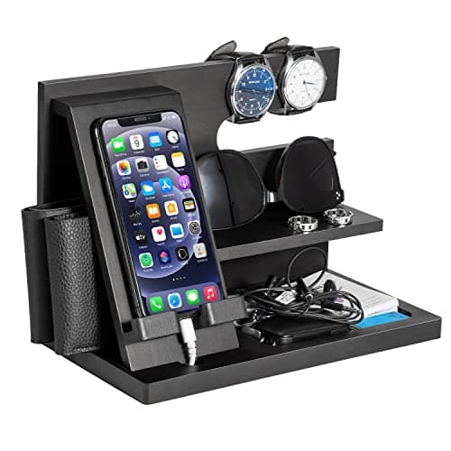 Christmas Birthday Gifts for Men Wood Phone Docking Station Bedside Table Organiser Gifts for Dad Mens Gifts for Husband Dad Gifts for Him Anniversary Xmas Presents for Men Nightstand Key Wallet Stand