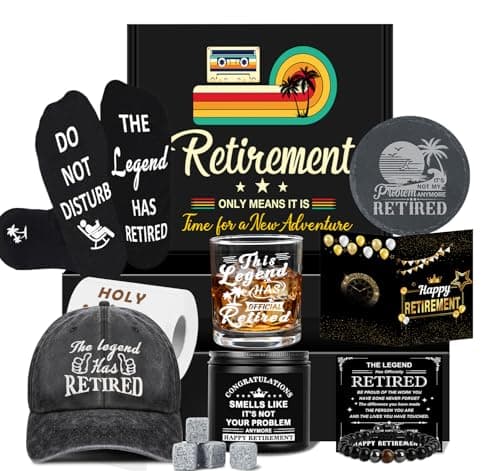 Retirement Gifts for Men 2025, Happy Retirement Party Decorations for Men, The Legend Has Retired Gifts Set for Man Funny Retirement Gift Baskets for Man Whiskey Glass Baseball Cap Socks Bracelet