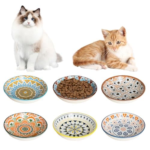 6 PCS Cat Bowls Ceramic,5.5 Inches Cat Dishes,Ceramic Cat Bowls Colourful,Bowls Cute Whisker Fatigue Kitten Bowl Wide Shallow Kitten Feeding Plates Set Cats Plate Microwave and Dishwasher Safe