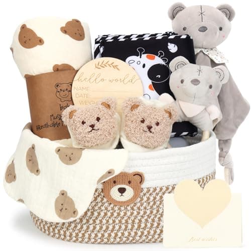 Newborn Baby Gift Basket - Baby Hamper Set with Cotton Rope Basket, Fabric Book, Comforter & Swaddle Blanket, Socks, Rattle, Bib, Milestone Cards - Unisex Baby Shower Gifts for Boy, Girl, New Mum