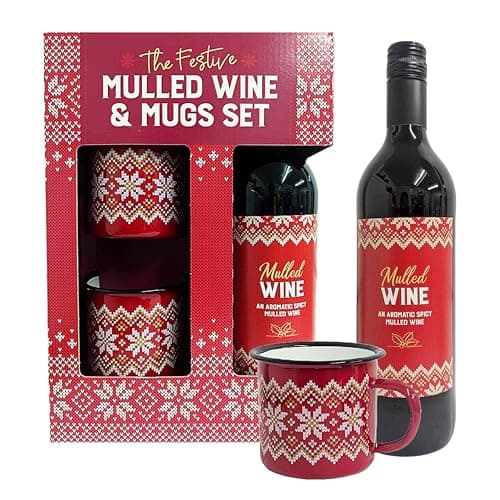 Mulled Red Wine Gift Set for Couples Gifts - Aromatic Spicy Mulled Wine Bottle with 2 x Decorated Red Enamel Mug. Wine Gift Set for Secret Santa Gifts, Stocking Fillers or Christmas Gifts for Couples