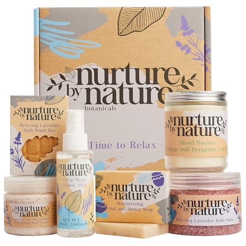 Nurture by Nature RELAX & CALM Pamper Gifts for Women - Mothers Day Hamper - Relaxation Gifts for Women with Lavender Mist, Bath Salts, Candle & More - Bath Sets, Mothers Day Gifts, Spa Sets